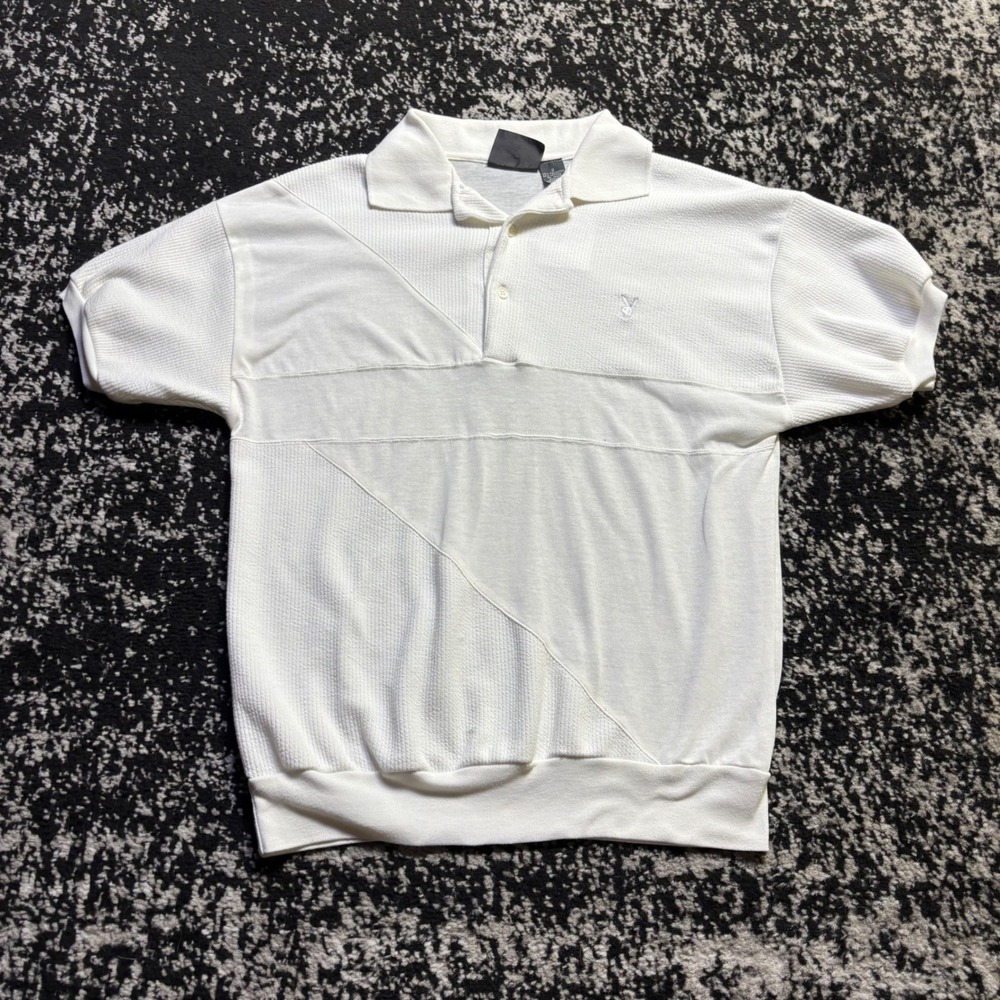 Vintage 80s Playboy Men White Paneled Textured Knit Polo Shirt Bunny Logo Small